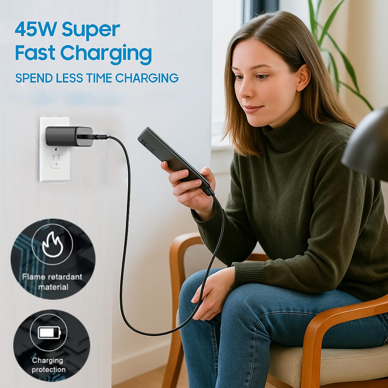 HIENX Samsung 45W Super Fast Charging Type-C Adapter – PD Fast Charger with 3.0A Output, Multi-Protection & Compact Design